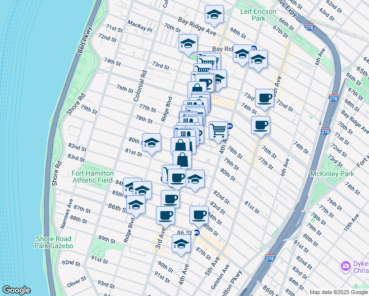 map of restaurants, bars, coffee shops, grocery stores, and more near 269 79th Street in Brooklyn