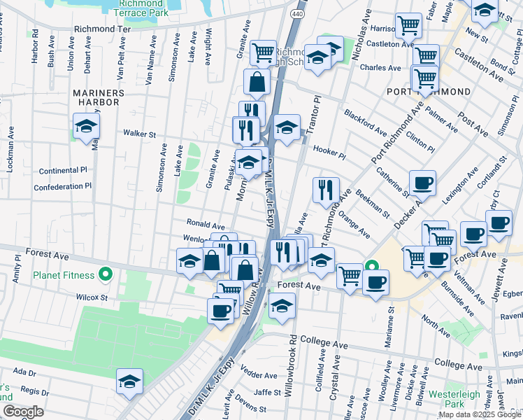 map of restaurants, bars, coffee shops, grocery stores, and more near 22 Saint Adalbert Place South in Staten Island