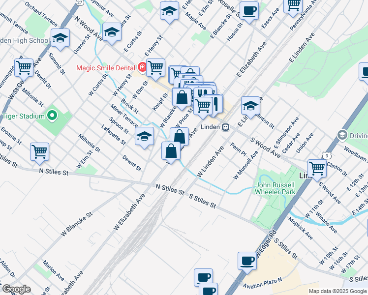 map of restaurants, bars, coffee shops, grocery stores, and more near 200 West Elizabeth Avenue in Linden