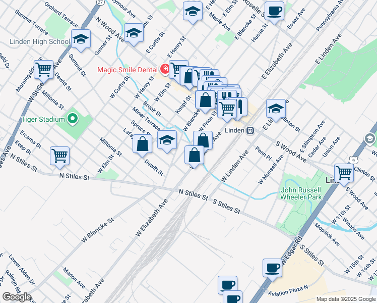 map of restaurants, bars, coffee shops, grocery stores, and more near 226 West Price Street in Linden
