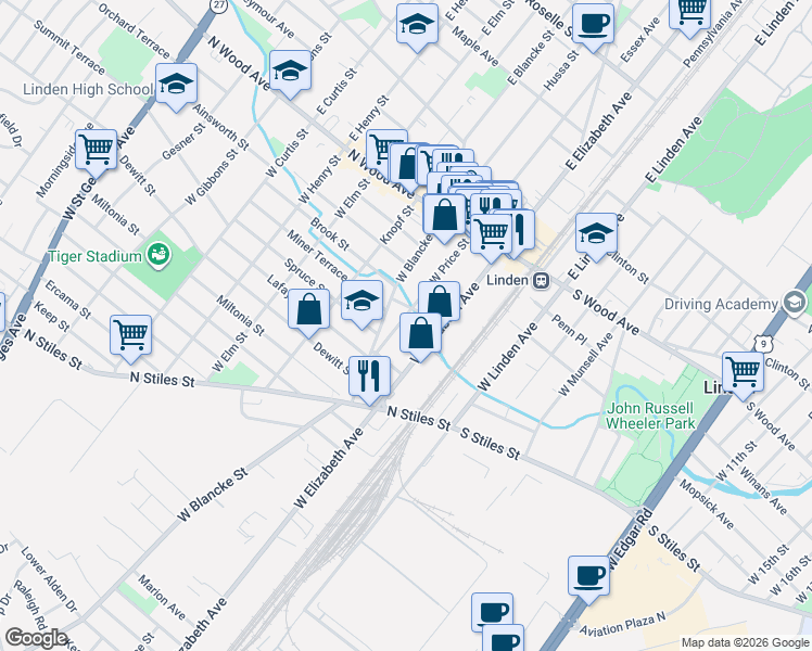 map of restaurants, bars, coffee shops, grocery stores, and more near 226 West Price Street in Linden