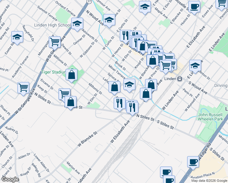 map of restaurants, bars, coffee shops, grocery stores, and more near 425 Lafayette Street in Linden
