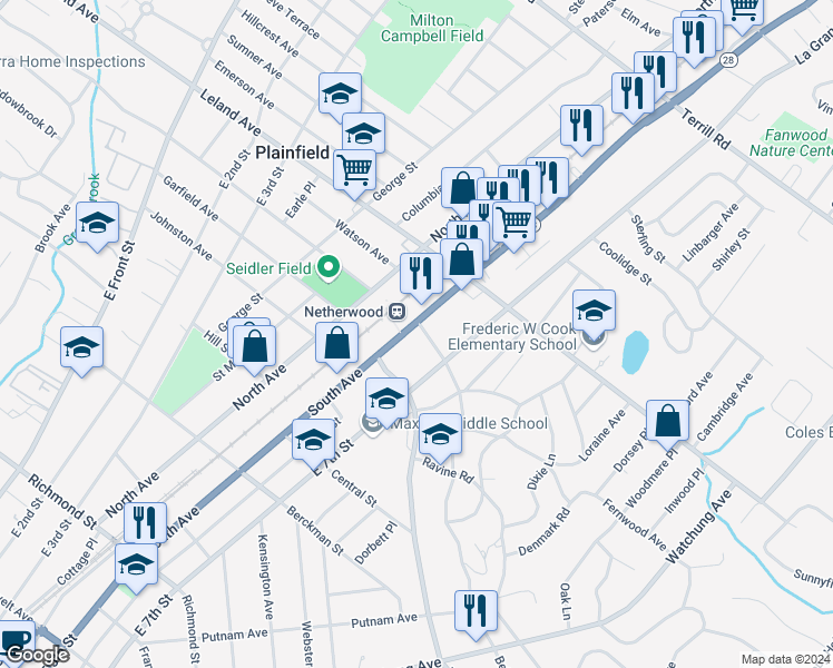 map of restaurants, bars, coffee shops, grocery stores, and more near in Plainfield