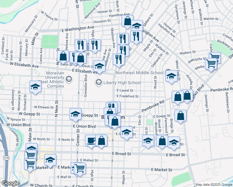 map of restaurants, bars, coffee shops, grocery stores, and more near 1106 Linden Street in Bethlehem