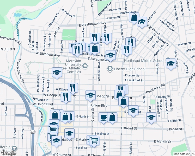 map of restaurants, bars, coffee shops, grocery stores, and more near 1027 Grenadier Boulevard in Bethlehem