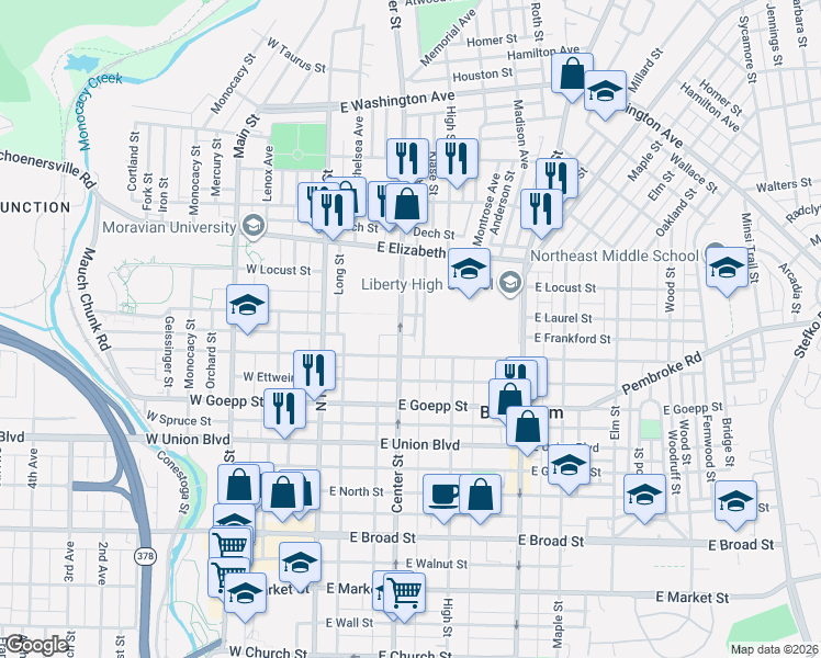 map of restaurants, bars, coffee shops, grocery stores, and more near 1104 Center Street in Bethlehem