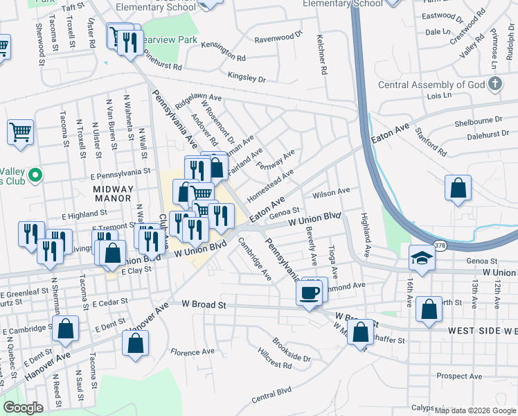 map of restaurants, bars, coffee shops, grocery stores, and more near 1966 Homestead Avenue in Bethlehem