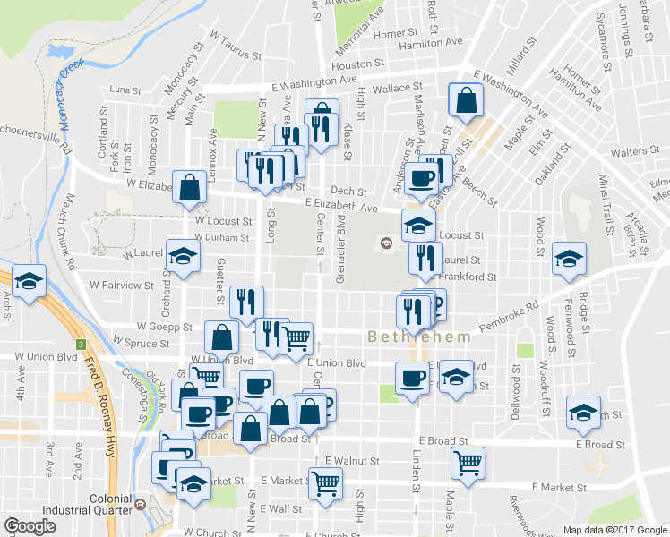 map of restaurants, bars, coffee shops, grocery stores, and more near 1027 Grenadier Boulevard in Bethlehem