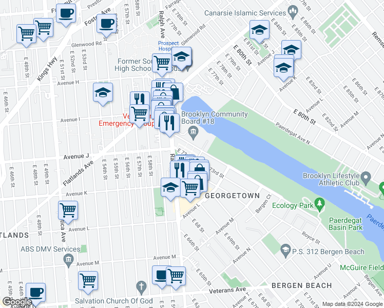 map of restaurants, bars, coffee shops, grocery stores, and more near 1089 East 73rd Street in Brooklyn