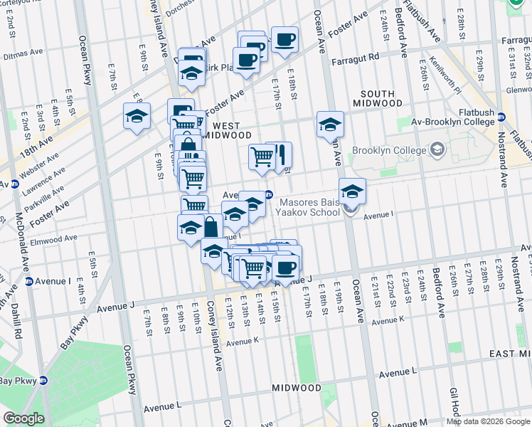 map of restaurants, bars, coffee shops, grocery stores, and more near 865 East 15th Street in Brooklyn