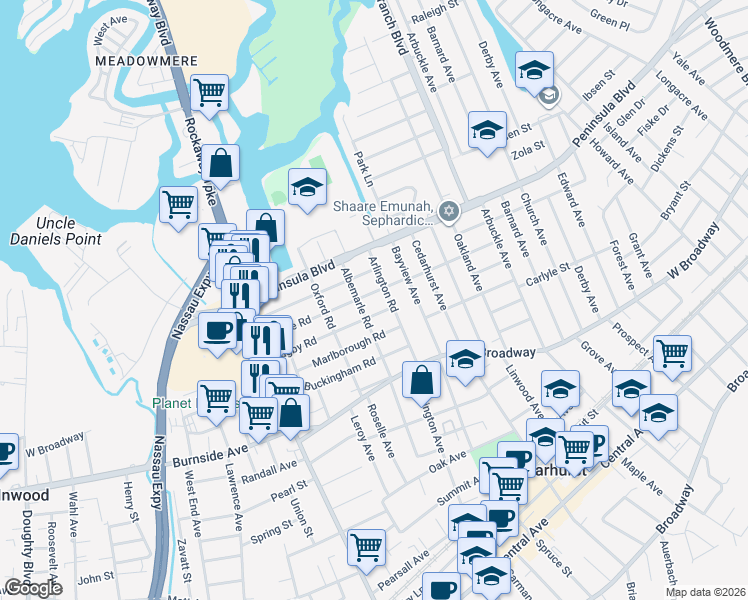 map of restaurants, bars, coffee shops, grocery stores, and more near 510 Arlington Road in Cedarhurst
