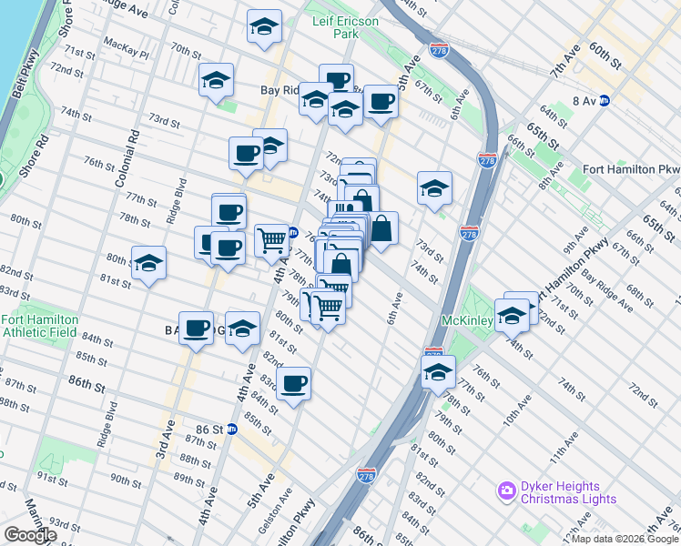 map of restaurants, bars, coffee shops, grocery stores, and more near 470 76th Street in Brooklyn