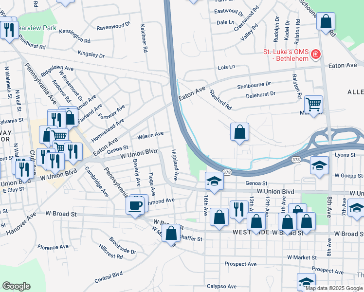 map of restaurants, bars, coffee shops, grocery stores, and more near 967 Stratford Street in Bethlehem