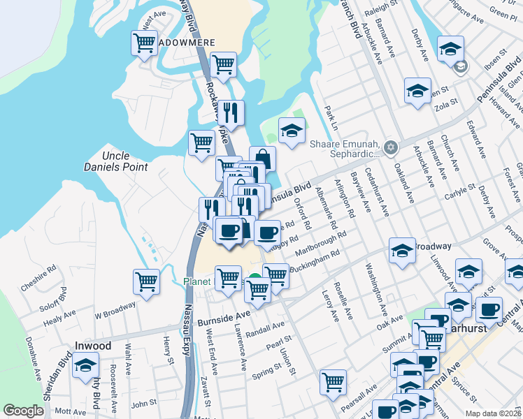 map of restaurants, bars, coffee shops, grocery stores, and more near in Cedarhurst