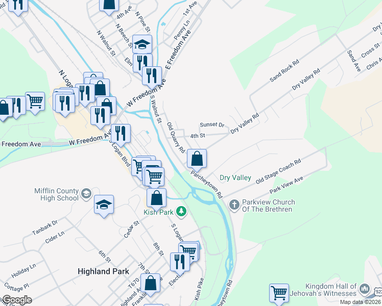 map of restaurants, bars, coffee shops, grocery stores, and more near 409 Locust Street in Burnham