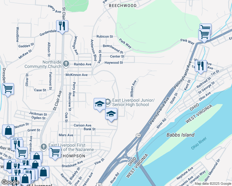 map of restaurants, bars, coffee shops, grocery stores, and more near 100 Maine Boulevard in East Liverpool