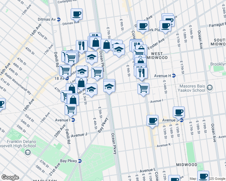 map of restaurants, bars, coffee shops, grocery stores, and more near 825 Ocean Parkway in Brooklyn