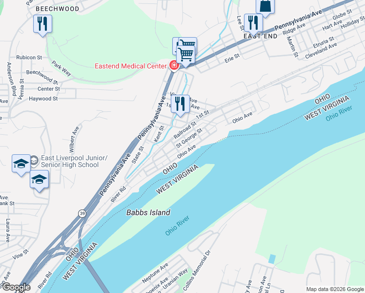 map of restaurants, bars, coffee shops, grocery stores, and more near 951 Saint George Street in East Liverpool