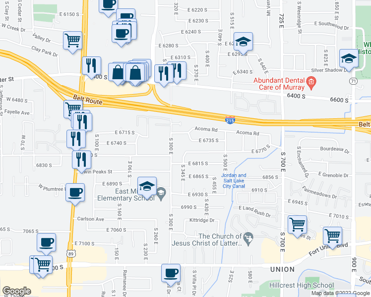 map of restaurants, bars, coffee shops, grocery stores, and more near 361 East 6770 South in Midvale