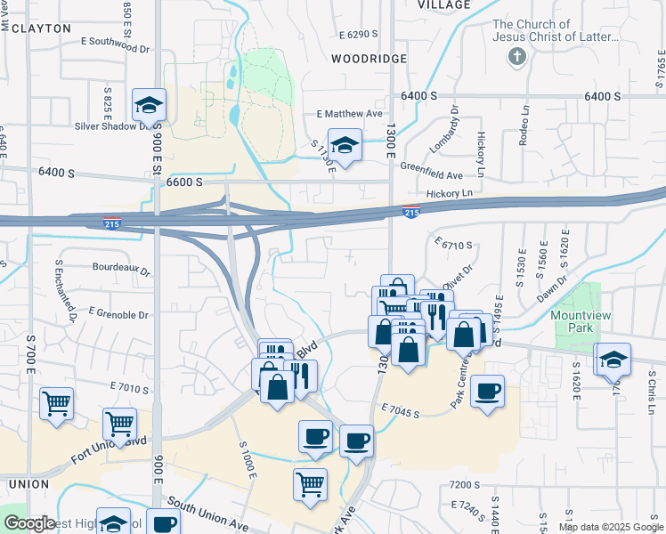 map of restaurants, bars, coffee shops, grocery stores, and more near 1157 East 6720 South in Salt Lake City