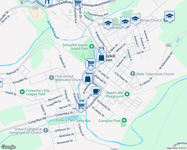 map of restaurants, bars, coffee shops, grocery stores, and more near 18 West Main Street in Schuylkill Haven