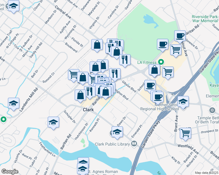 map of restaurants, bars, coffee shops, grocery stores, and more near 1108 Raritan Road in Clark
