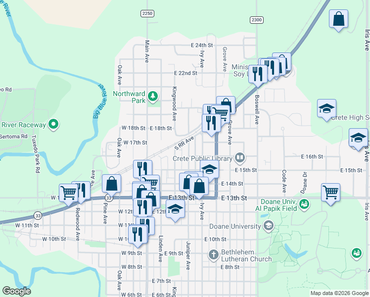 map of restaurants, bars, coffee shops, grocery stores, and more near 1643 Juniper Avenue in Crete