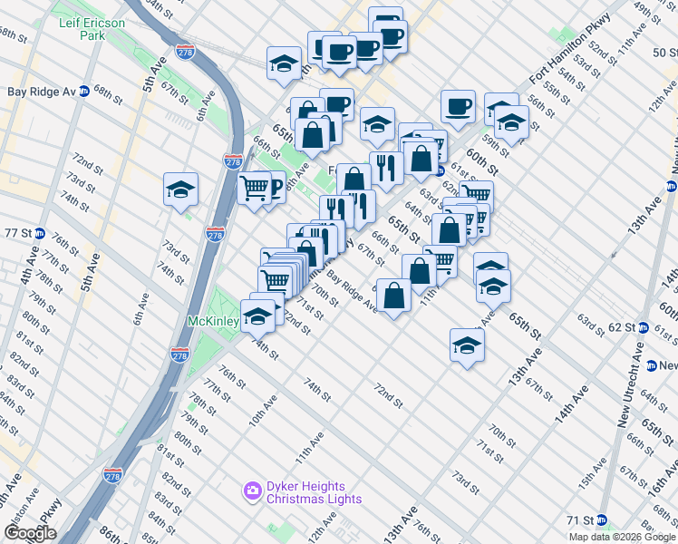 map of restaurants, bars, coffee shops, grocery stores, and more near 6805 Fort Hamilton Parkway in Brooklyn