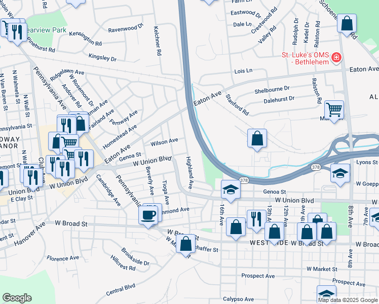 map of restaurants, bars, coffee shops, grocery stores, and more near 968 Highland Avenue in Bethlehem