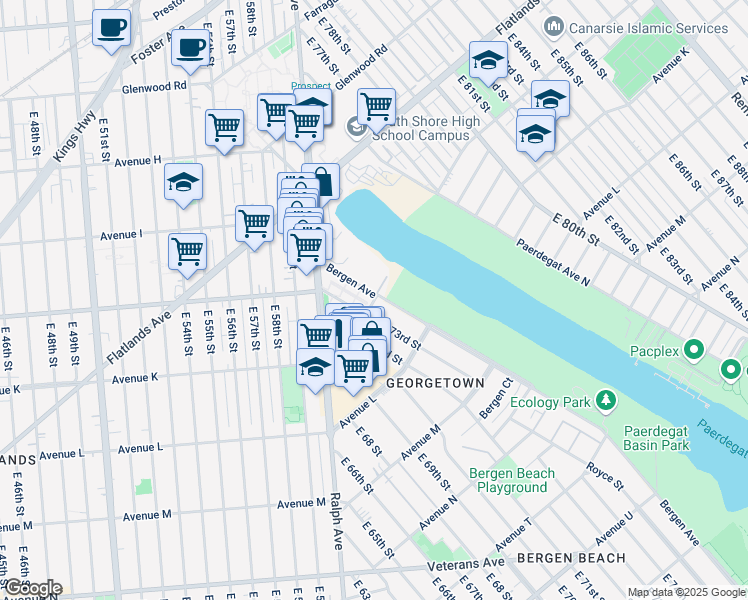 map of restaurants, bars, coffee shops, grocery stores, and more near 1097 Bergen Avenue in Brooklyn