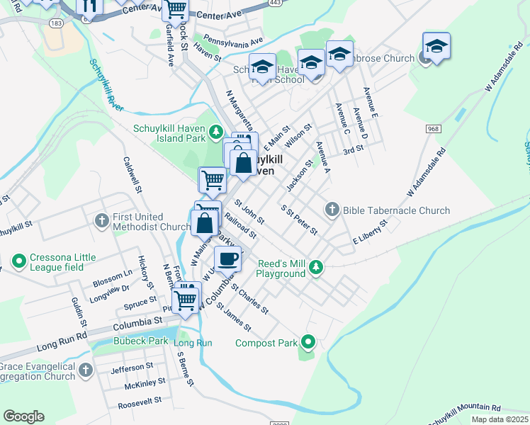 map of restaurants, bars, coffee shops, grocery stores, and more near 14 East Union Street in Schuylkill Haven
