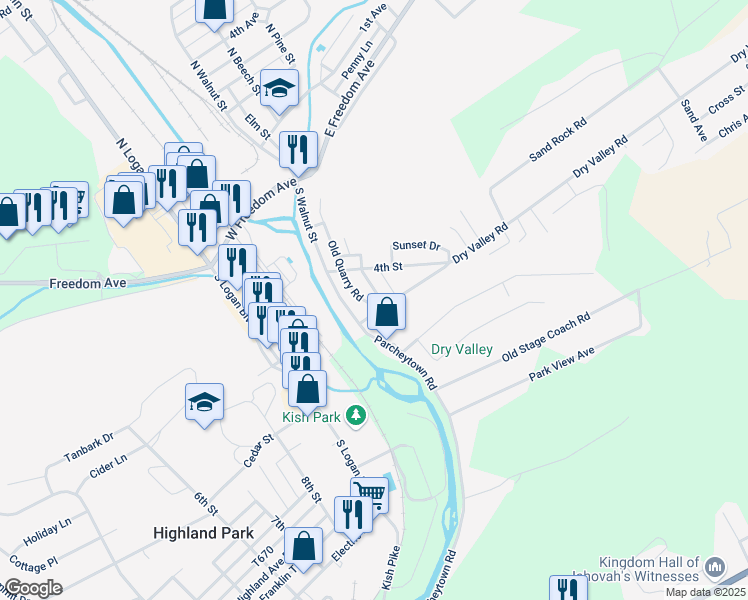 map of restaurants, bars, coffee shops, grocery stores, and more near 409 Locust Street in Burnham