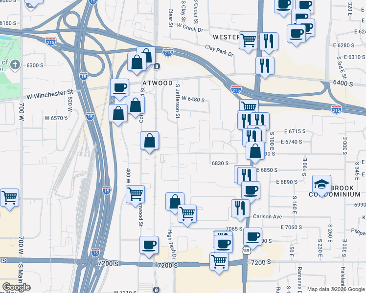 map of restaurants, bars, coffee shops, grocery stores, and more near 6571 South Jefferson Street in Murray
