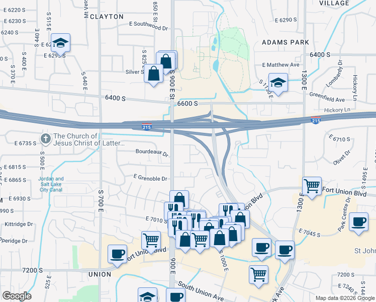 map of restaurants, bars, coffee shops, grocery stores, and more near 6745 Sienna Park Lane in Midvale