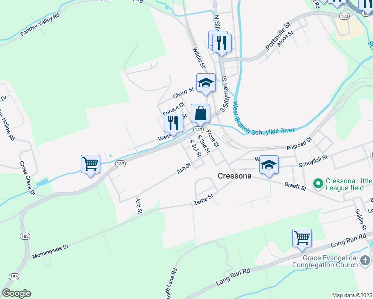 map of restaurants, bars, coffee shops, grocery stores, and more near 41 South 4th Street in Cressona