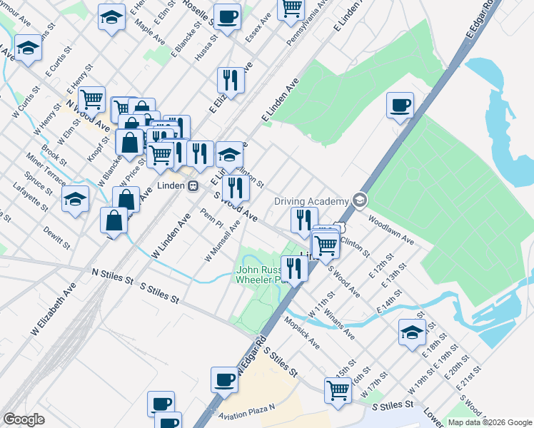 map of restaurants, bars, coffee shops, grocery stores, and more near 20 East Munsell Avenue in Linden