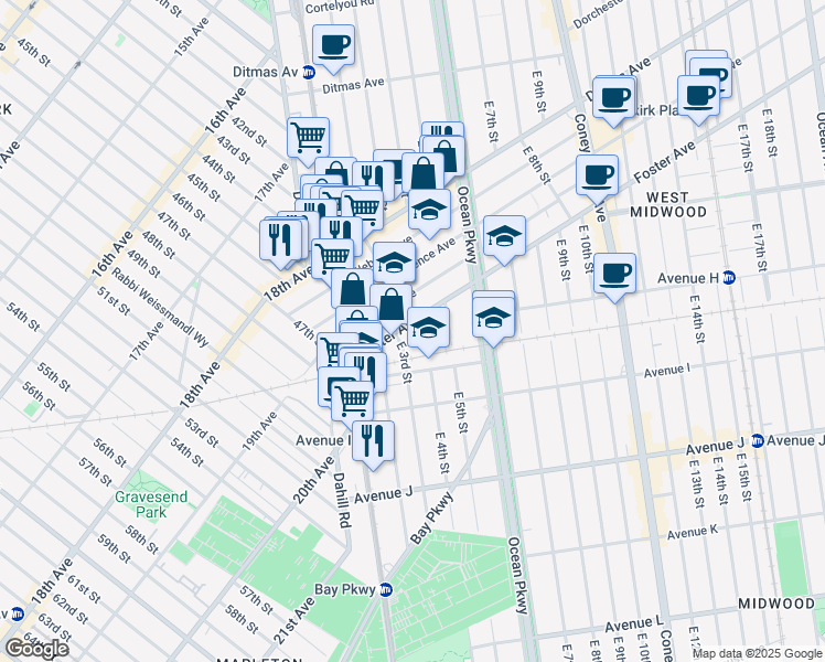map of restaurants, bars, coffee shops, grocery stores, and more near 301 Foster Avenue in Brooklyn
