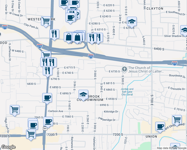 map of restaurants, bars, coffee shops, grocery stores, and more near 6734 South 300 East in Midvale