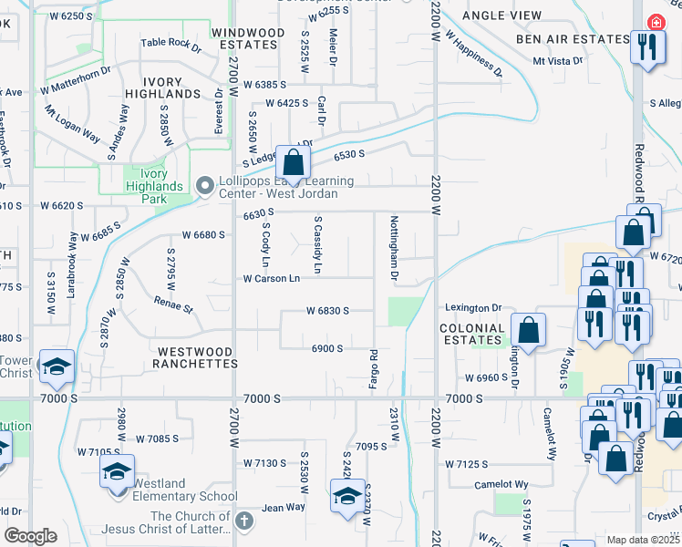 map of restaurants, bars, coffee shops, grocery stores, and more near 6722 South Carson Circle in West Jordan
