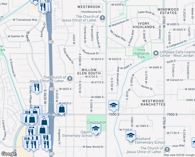 map of restaurants, bars, coffee shops, grocery stores, and more near 3274 West 6735 South in West Jordan