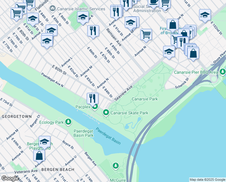 map of restaurants, bars, coffee shops, grocery stores, and more near 1456 East 86th Street in Brooklyn