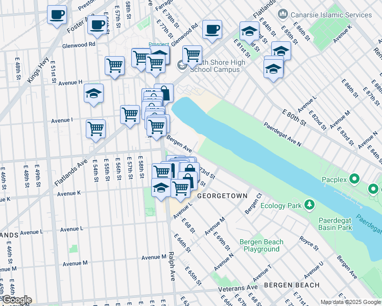 map of restaurants, bars, coffee shops, grocery stores, and more near 1097 Bergen Avenue in Brooklyn