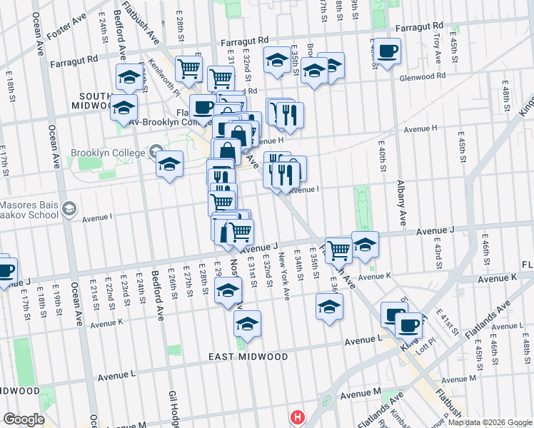 map of restaurants, bars, coffee shops, grocery stores, and more near New York Avenue in Brooklyn