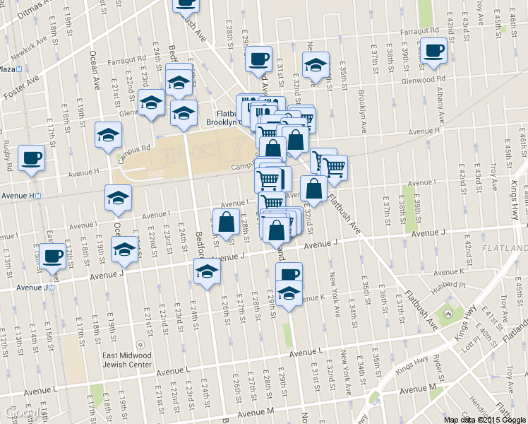 map of restaurants, bars, coffee shops, grocery stores, and more near 2823A Avenue I in Brooklyn