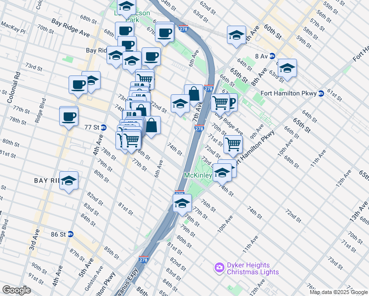 map of restaurants, bars, coffee shops, grocery stores, and more near 624 73rd Street in Brooklyn