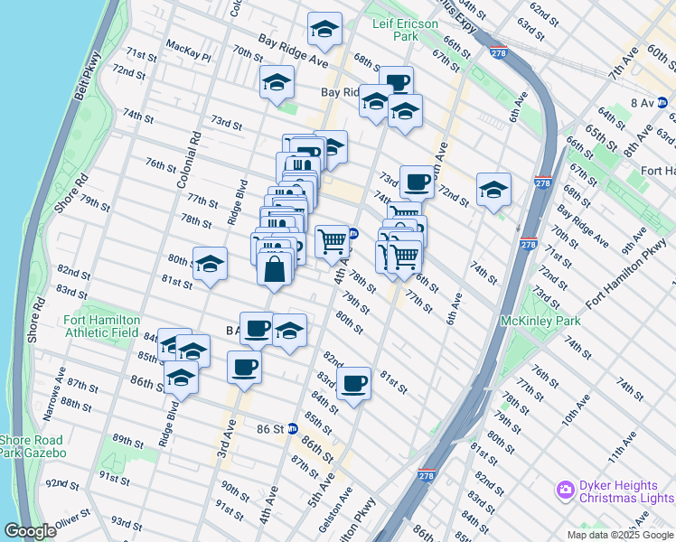 map of restaurants, bars, coffee shops, grocery stores, and more near 369 78th Street in Brooklyn