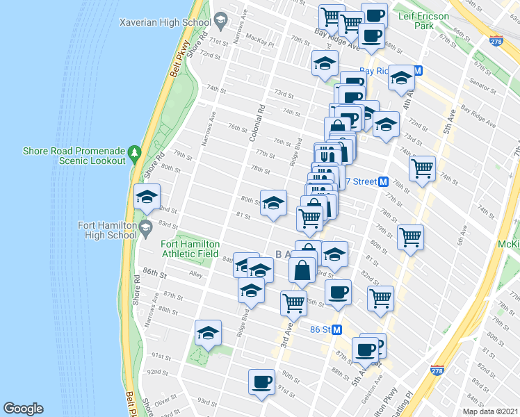 map of restaurants, bars, coffee shops, grocery stores, and more near 191 80th Street in Brooklyn