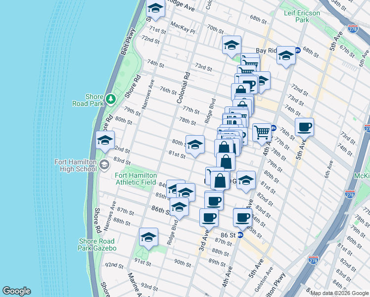 map of restaurants, bars, coffee shops, grocery stores, and more near 191 80th Street in Brooklyn