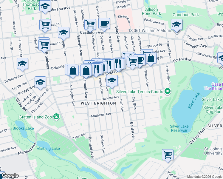 map of restaurants, bars, coffee shops, grocery stores, and more near 47 Morrison Avenue in Staten Island