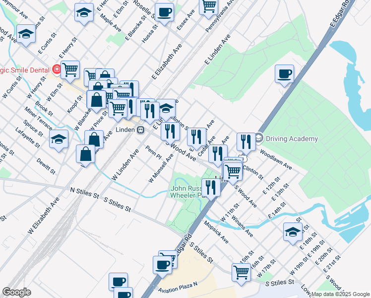 map of restaurants, bars, coffee shops, grocery stores, and more near 20 East Munsell Avenue in Linden